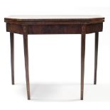 A George III figured mahogany & satinwood-crossbanded tea table, the rectangular fold-over top