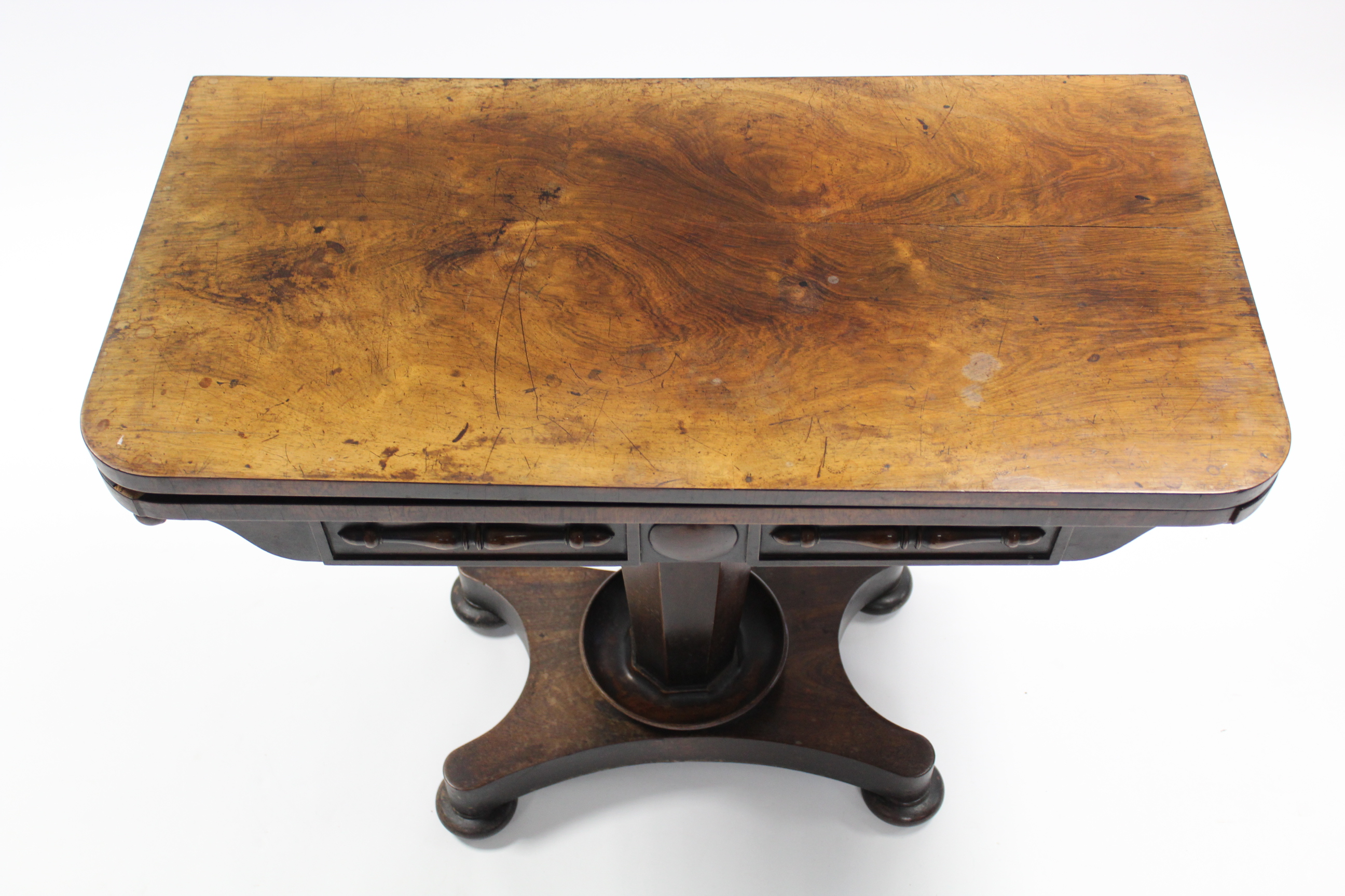 An early Victorian rosewood card table, the rectangular fold-over top with rounded corners, the - Image 2 of 4