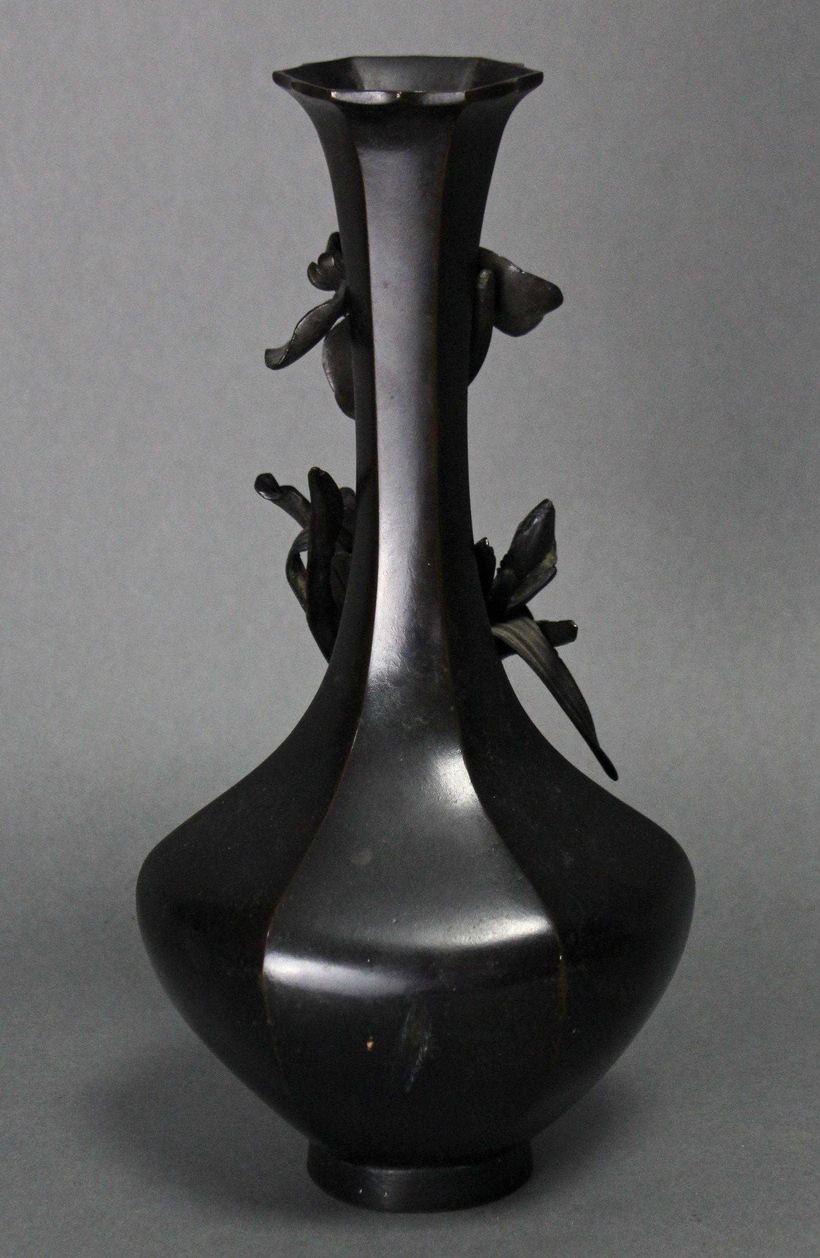 A Japanese bronze hexagonal baluster “Iris” vase, with applied floral decoration & slender neck with - Image 3 of 5