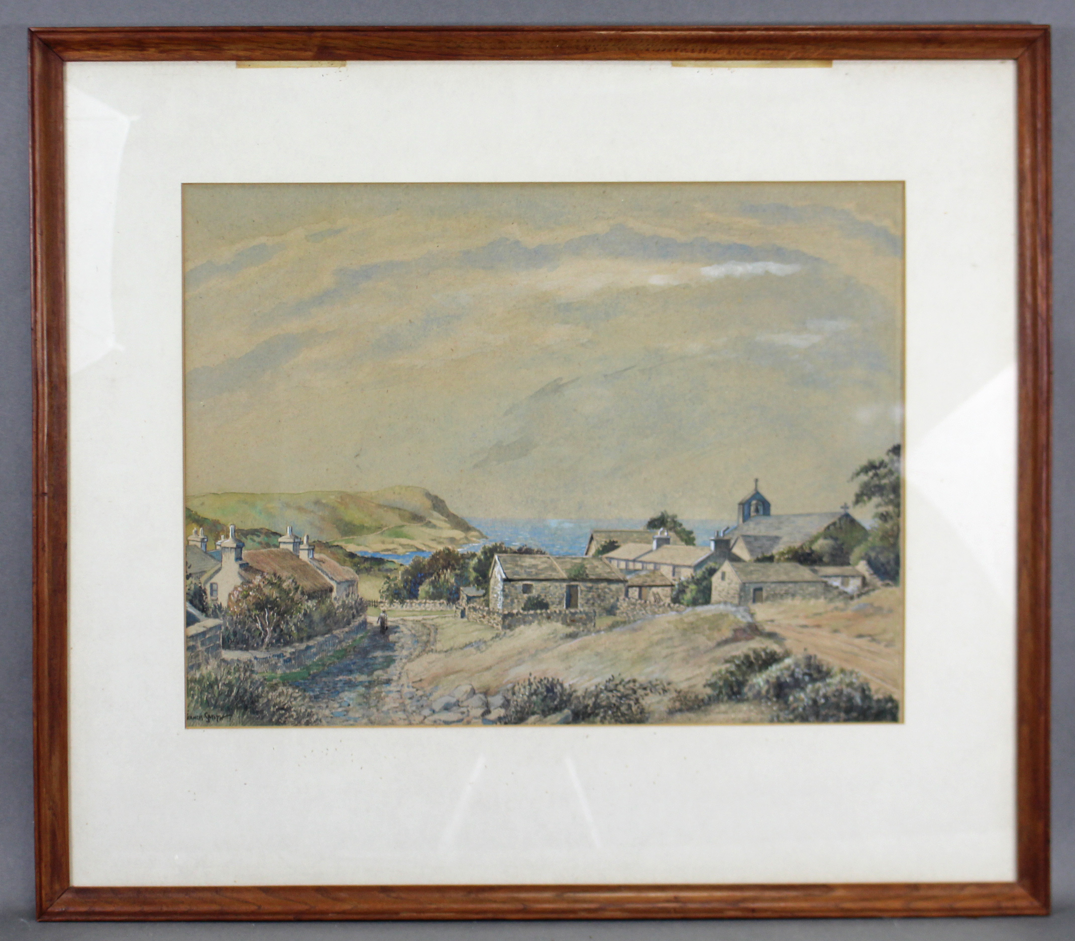 JOHN FRANCIS SMITH (b. 1888) “Calf Island & Cregneish, Isle of Man”. A clifftop village with - Image 3 of 7