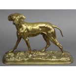 A late 19th/early 20th century cast-brass model of a hound, on rectangular rocky base; 12” wide x