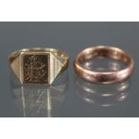 A 9ct. yellow gold signet ring, Birmingham hallmarks for 1987, (size: S; weight: 5gm); & a 9ct. rose