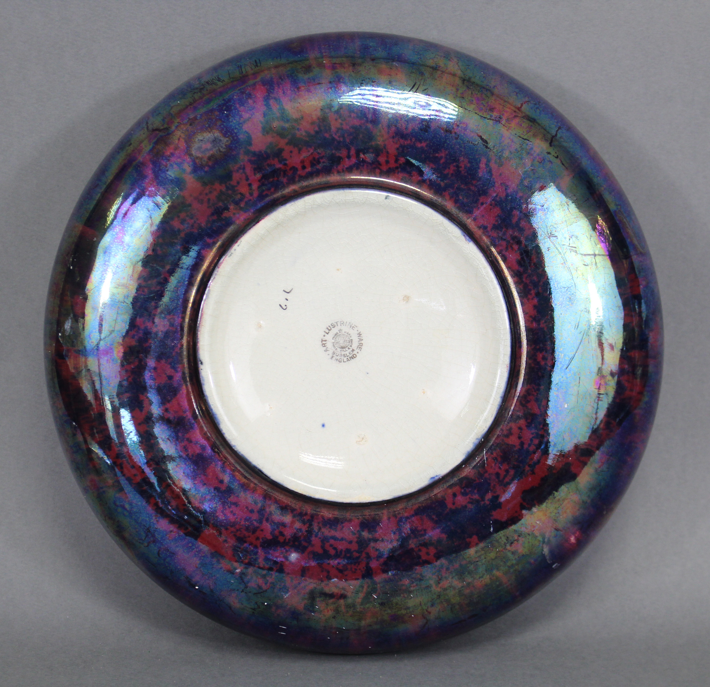 A 1930’s Burslem lusterware shallow bowl of mottled deep purple ground, 11½” diam. - Image 3 of 3