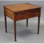 A Victorian mahogany side table of deep proportions, fitted two frieze drawers with turned wooden