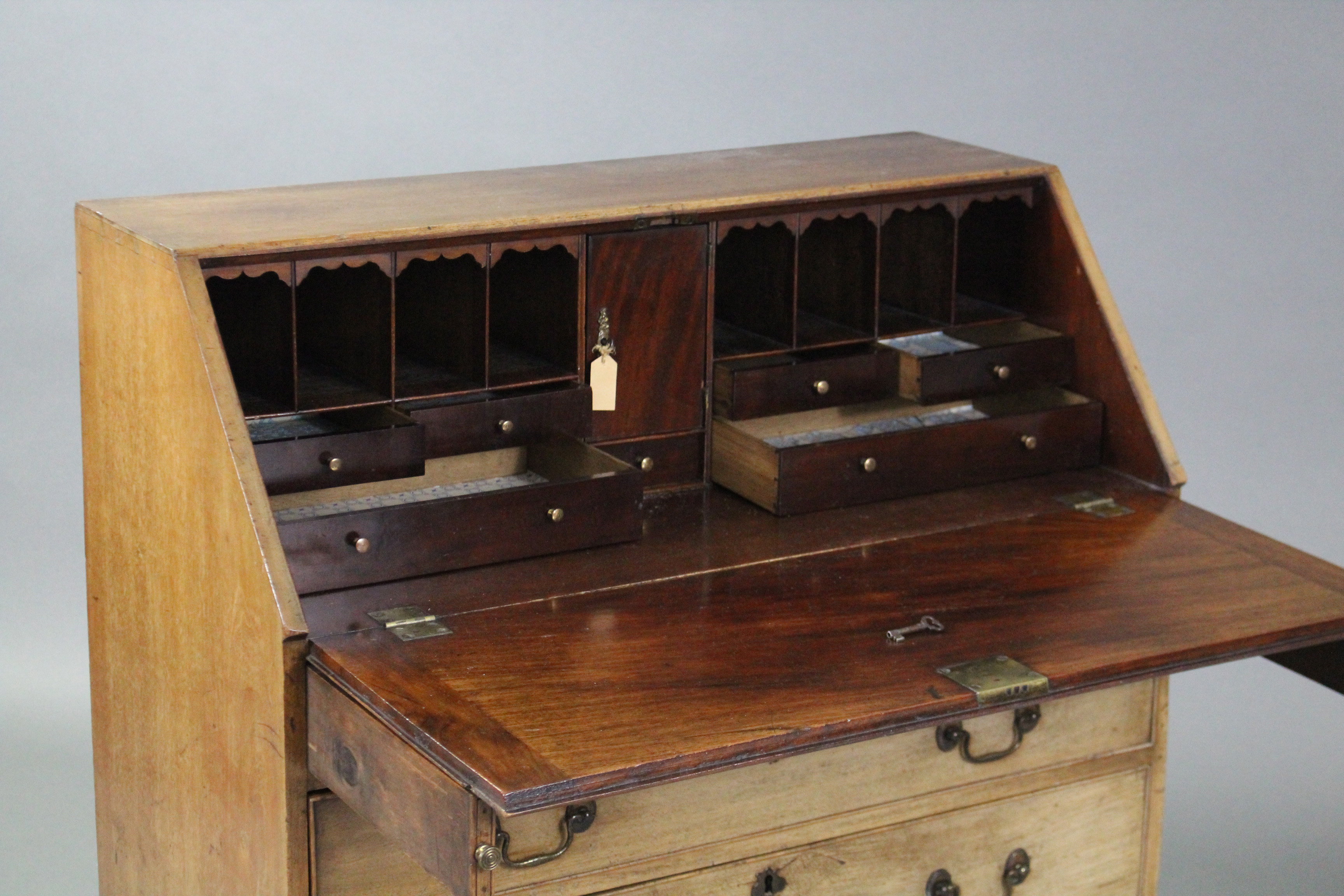 A late 18th century mahogany bureau, the sloping fall-front enclosing a fitted interior above four - Image 3 of 4