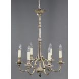 A modern heavy cast-metal six-branch ceiling light fitting with slender tapered centre column &