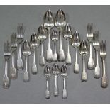 A part-service of George IV silver Fiddle pattern flatware, comprising: six table forks, two