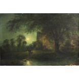 ENGLISH SCHOOL, early 19th century. A moonlit landscape with figures & dog beside a castle. Oil on