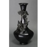 A Japanese bronze hexagonal baluster “Iris” vase, with applied floral decoration & slender neck with