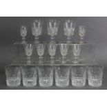 Seven cut glass wine goblets with engraved monograms & swags; seven similar sherry glasses; & six