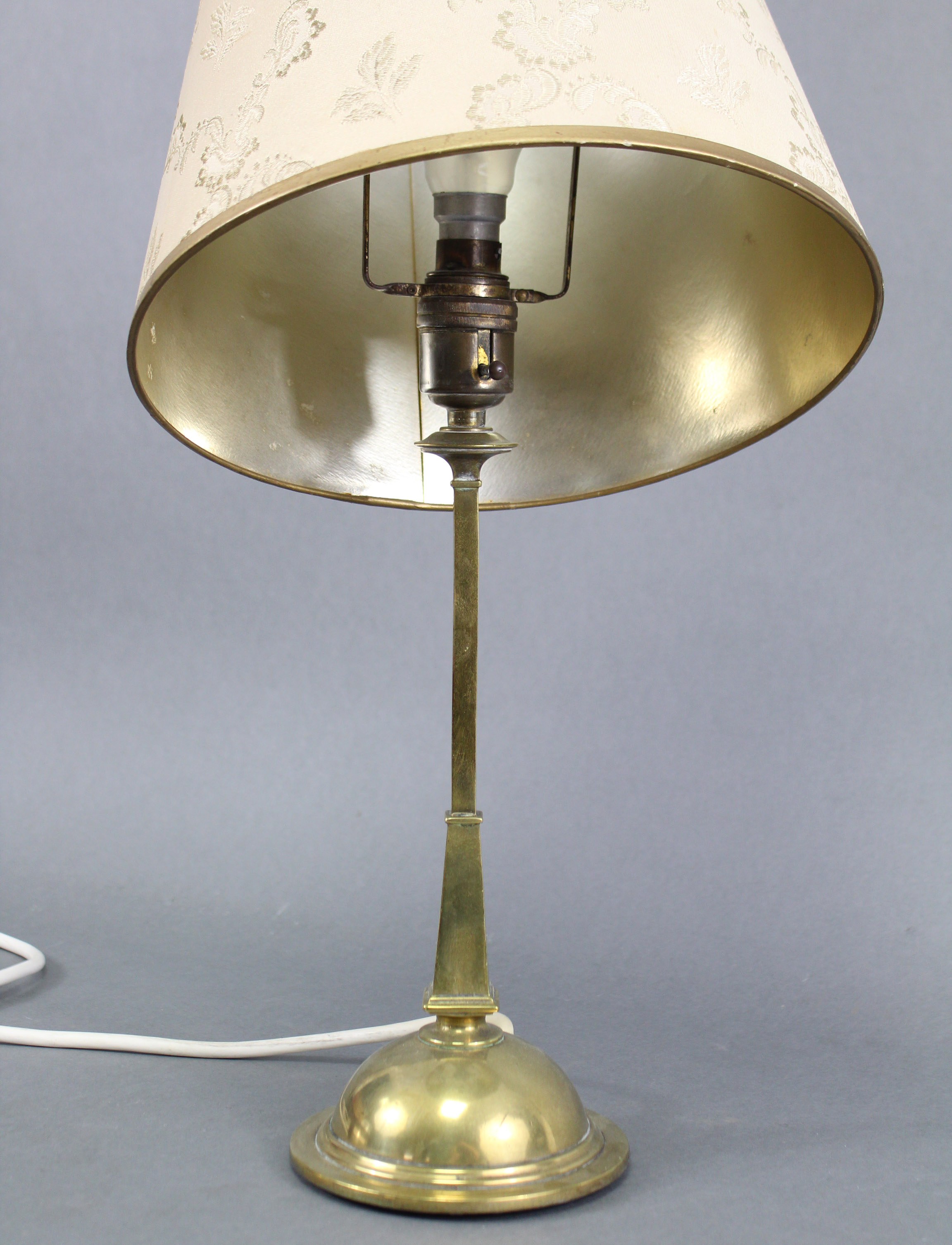 An Edwardian brass table lamp on slender square tapered column & domed circular base, stamped “Rd. - Image 2 of 3