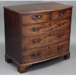 AN 18th century INLAID MAHOGANY BOW-FRONT CHEST, fitted two short & three long graduated oak-lined