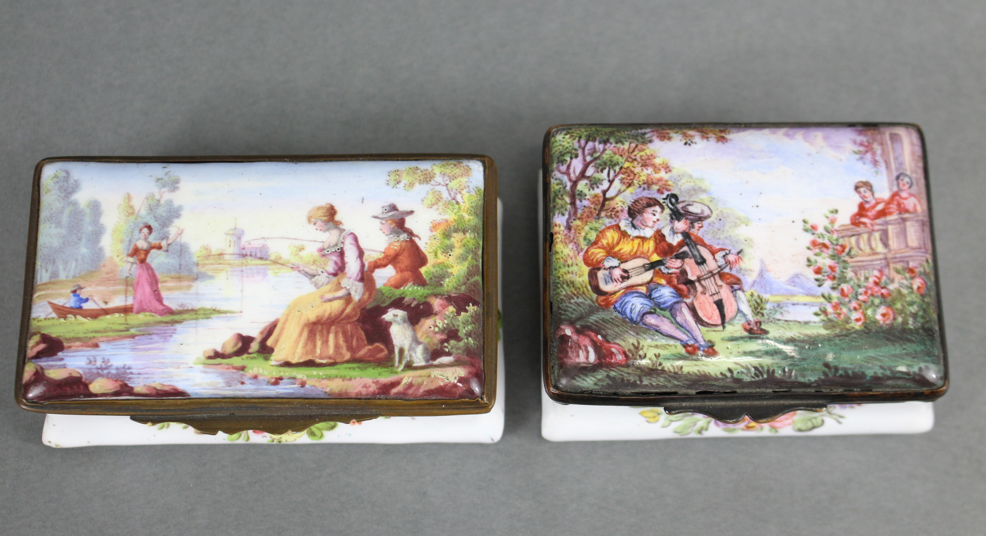 Two 19th century enamel rectangular boxes in the 18th century style, each with hinged lid & gilt- - Image 3 of 3