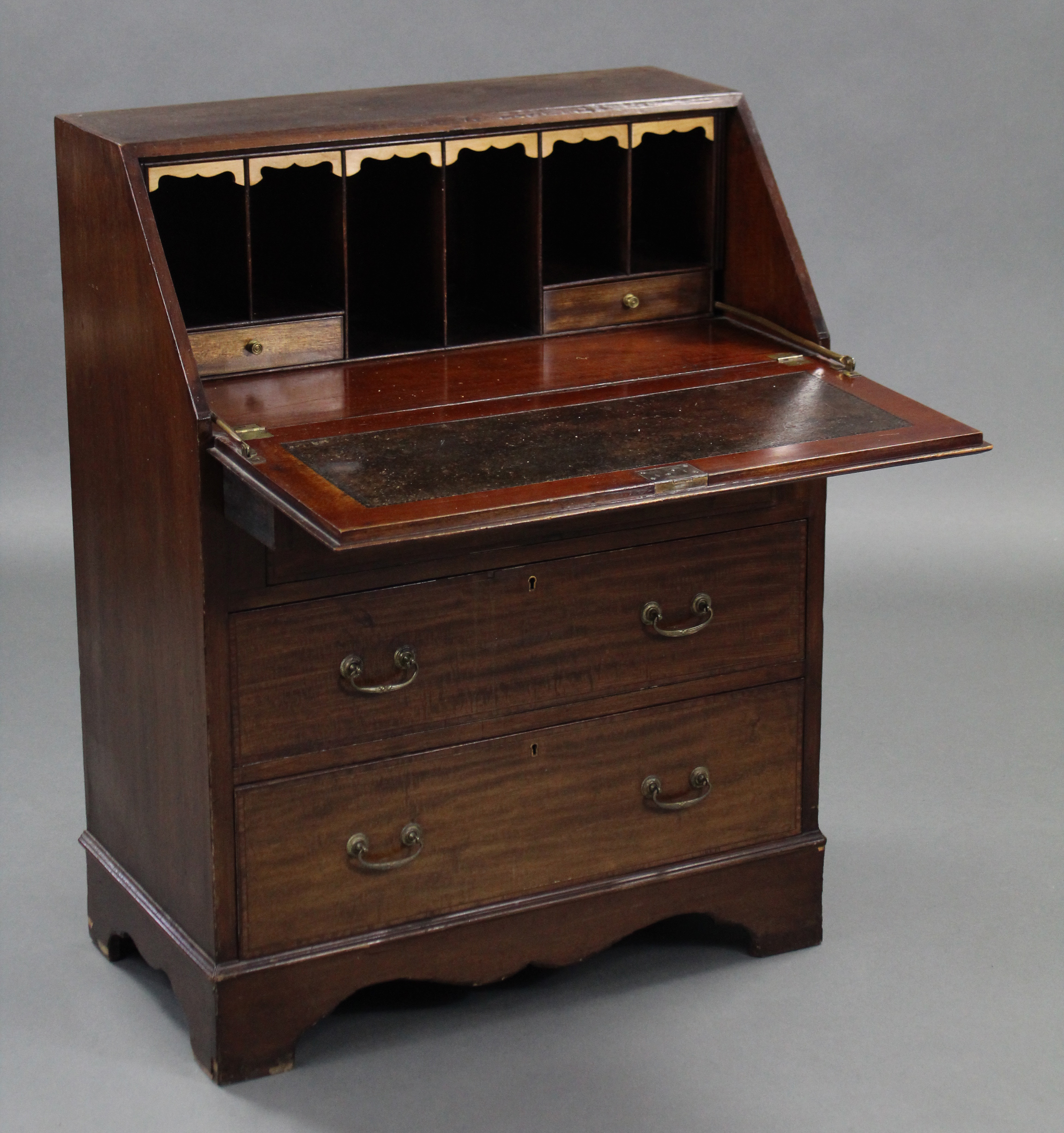 An Edwardian inlaid-mahogany small bureau, the sloping fall-front enclosing tooled leather writing - Image 2 of 2