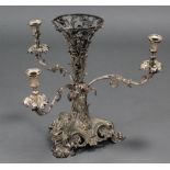 A Victorian silver plated epergne of rococo design, with three foliate branches, on pierced
