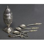 A late Victorian silver sugar caster of classical fluted urn design, with oval petrae & swags, on