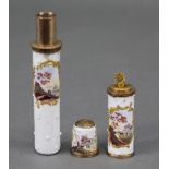 A late 18th century South Staffordshire enamel combination bodkin case, scent bottle, & thimble,