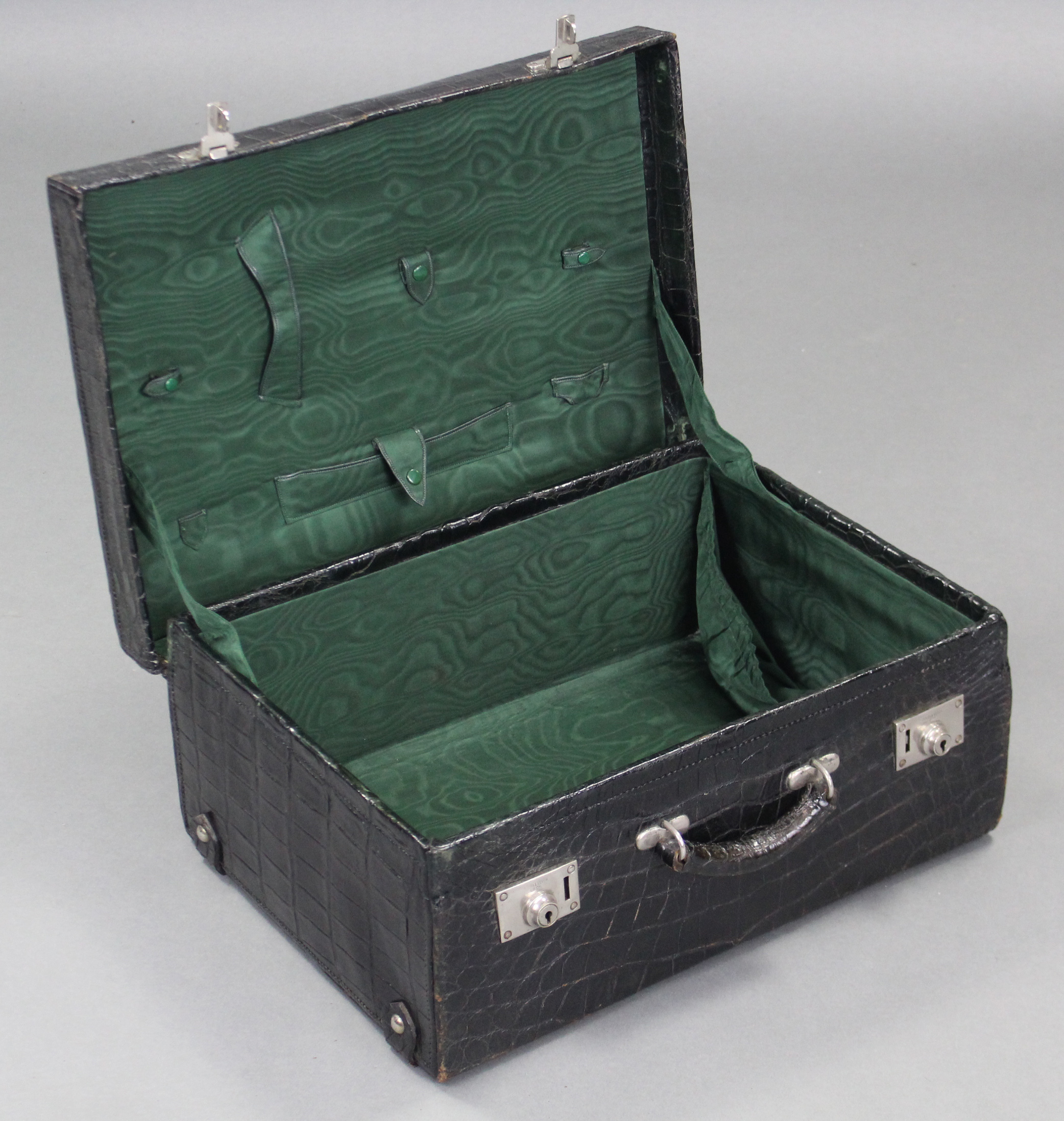 A black crocodile skin suitcase with green moiré silk lining, & silvered twin locks. - Image 3 of 3