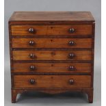 A small mahogany crossbanded & inlaid chest of five graduated drawers with later turned wooden