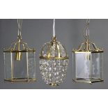 A gilt-metal frame basket-frame hall lantern hung with prism drops & strands of beads, 6½” diam. x