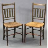 A pair of 19th century green-stained chairs with rail-backs & on ring-turned legs with spindle