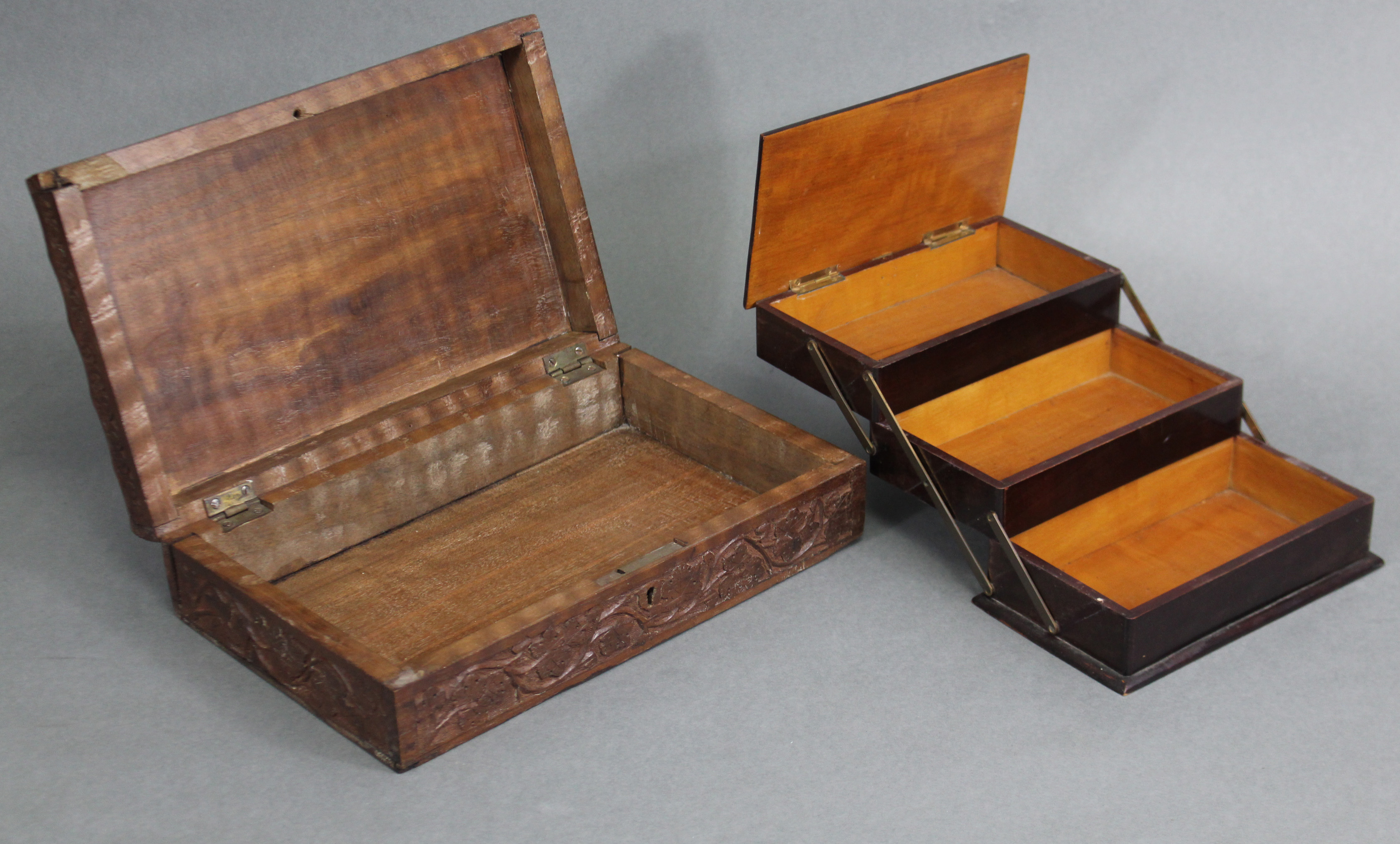 A Kashmiri carved teak rectangular box with all-over fruiting vine relief decoration, 11” wide x 3½” - Image 2 of 2