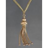 A yellow metal chain necklace of flattened curb links, marked “750”, 24” long (13.4gm); with gilt-