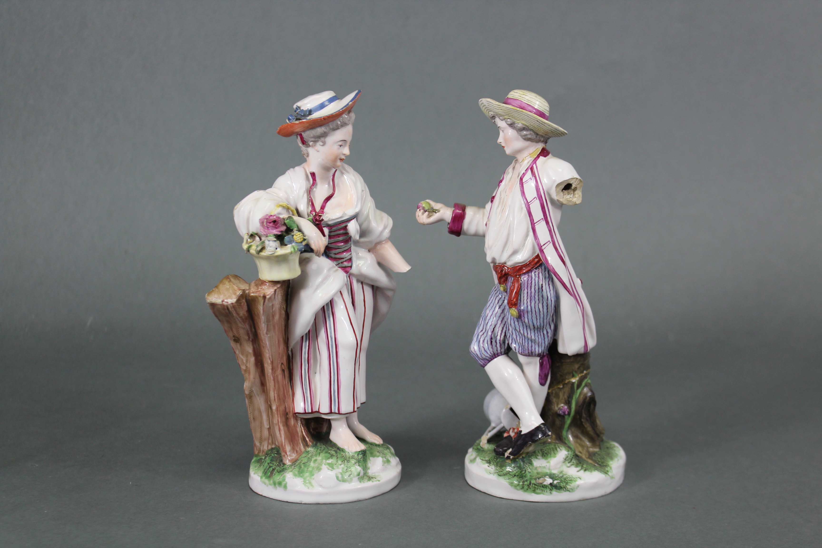 A pair of late 18th century Niderviller faience male & female standing figures in rustic dress, he - Image 2 of 4