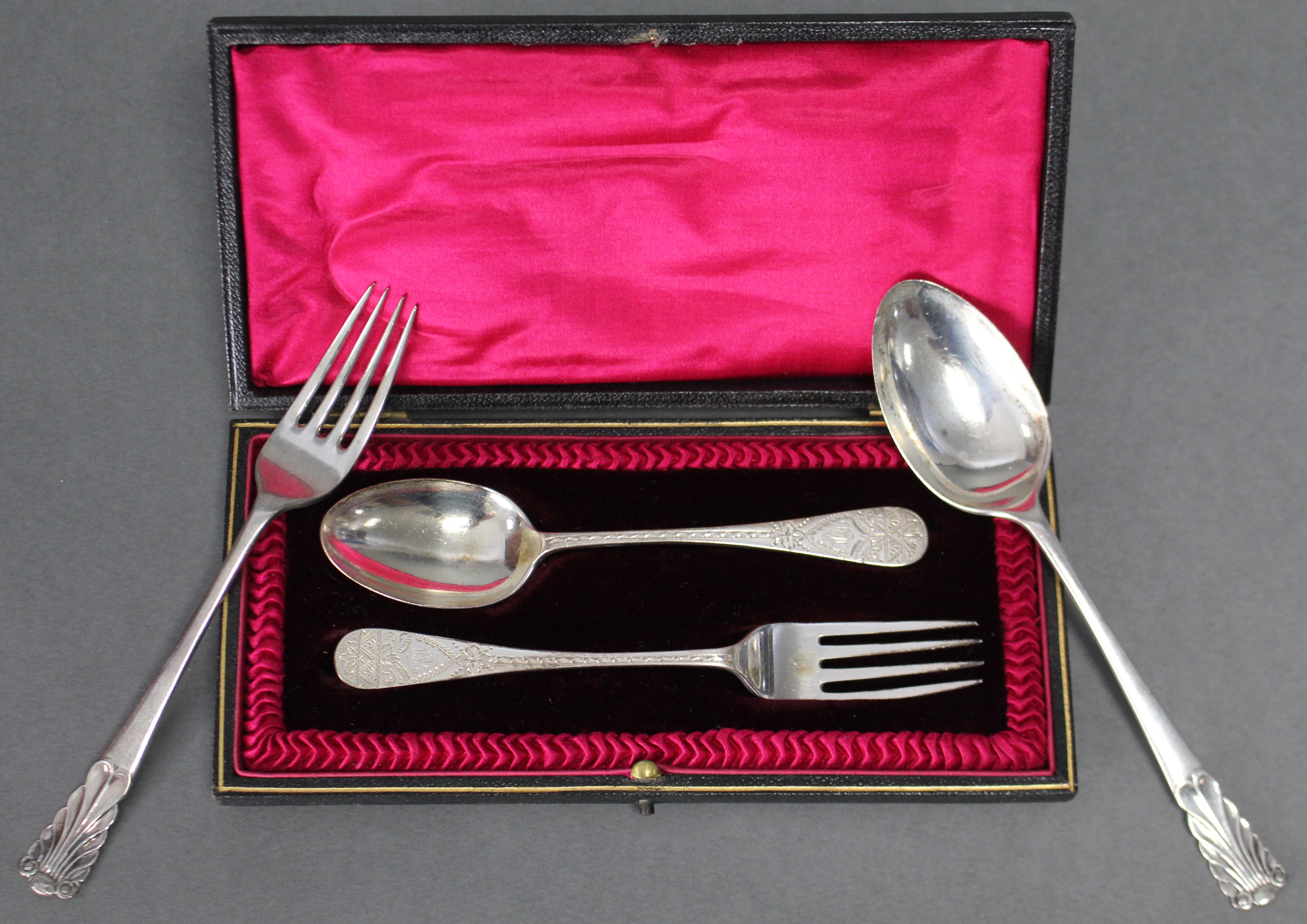 An Edwardian silver engraved Old English christening spoon & fork , Sheffield 1808 by Robert Pringle