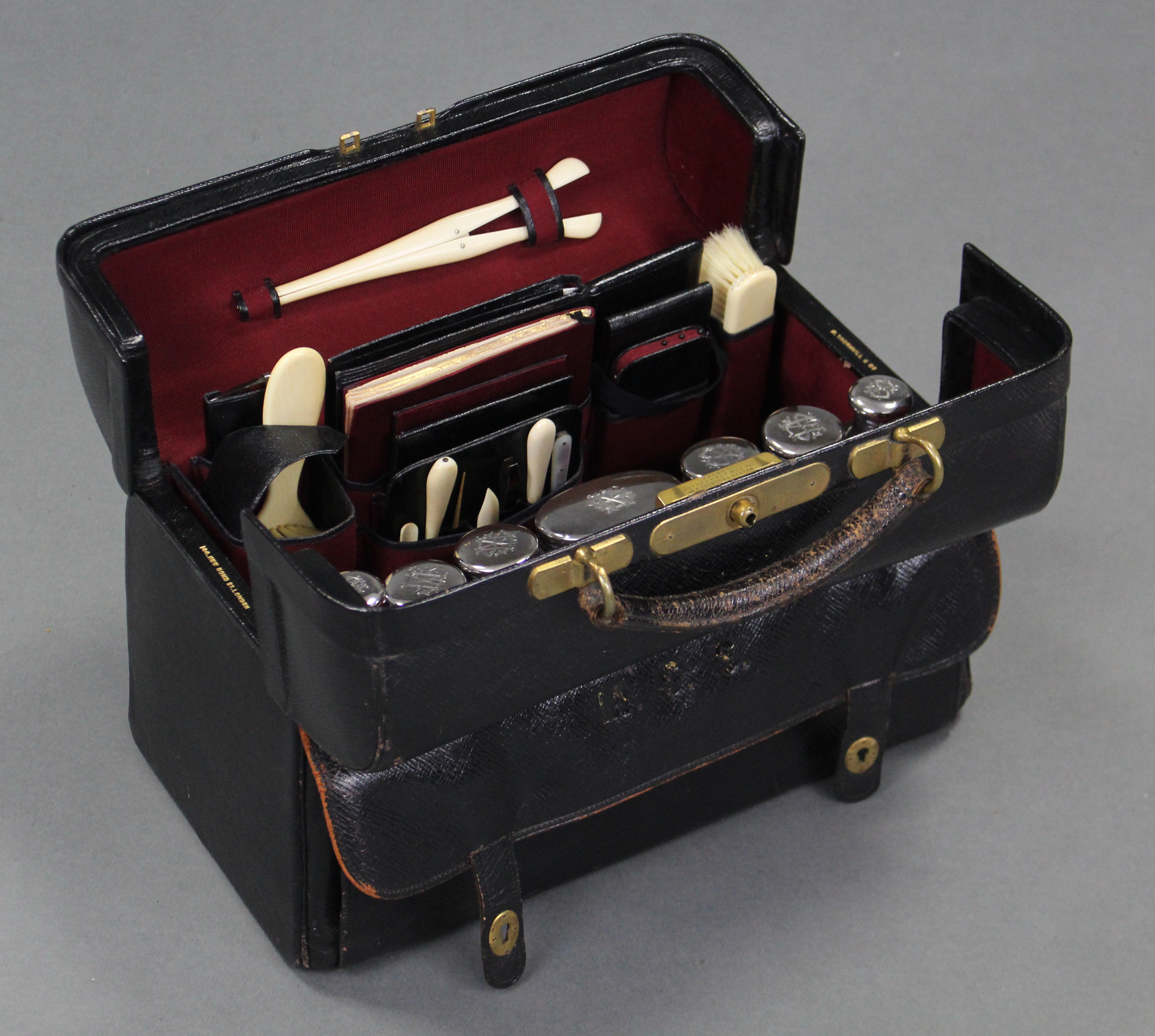 A late Victorian gentleman’s black leather travelling toilet case by W. Thornhill of New Bond St., - Image 3 of 7