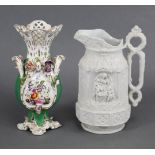 A Coalbrookdale porcelain two-handled vase of green ground & with pierced trellis neck, painted &