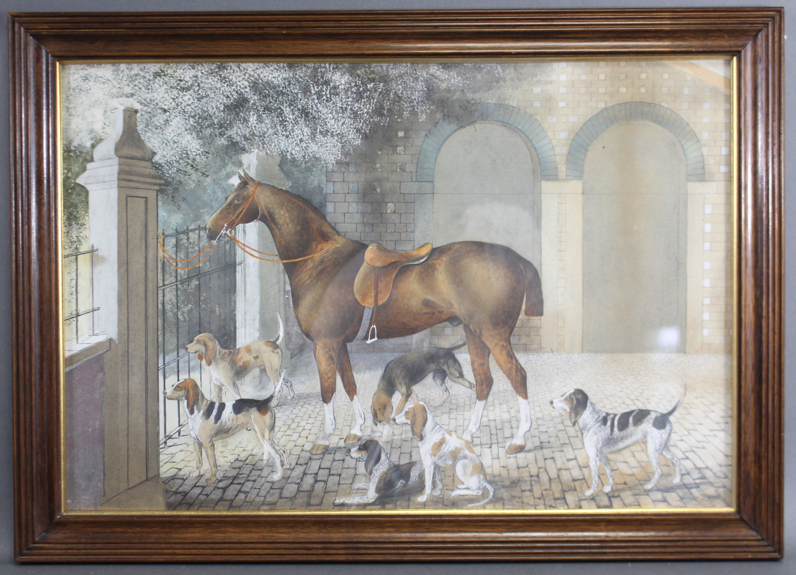 ENGLISH SCHOOL, 20th century. A study of a chestnut hunter & fox hounds in a courtyard. Pencil &