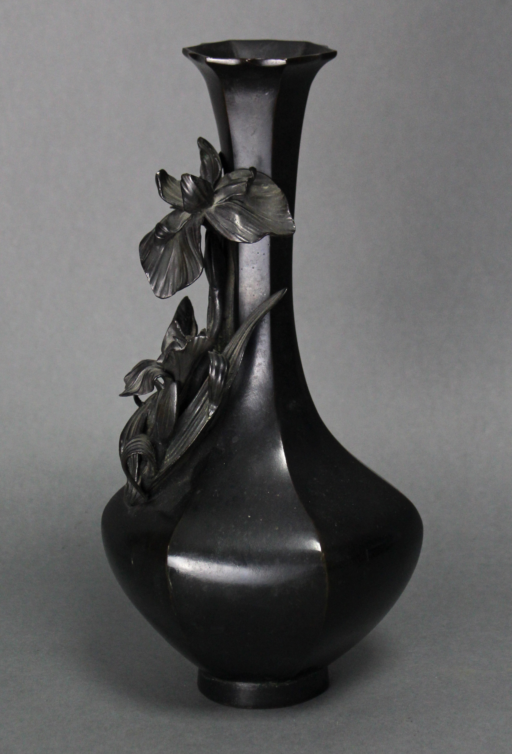 A Japanese bronze hexagonal baluster “Iris” vase, with applied floral decoration & slender neck with - Image 2 of 5