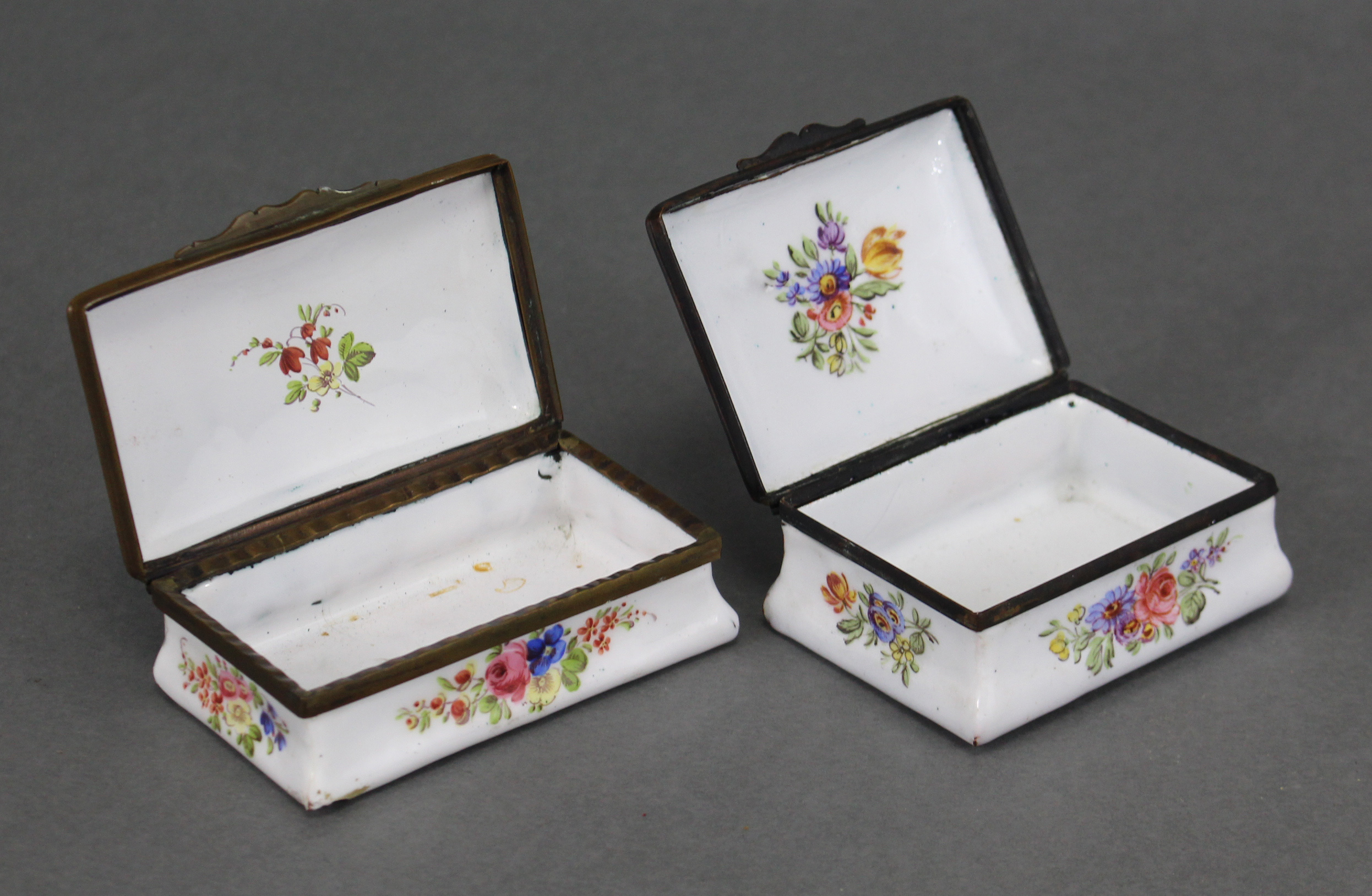 Two 19th century enamel rectangular boxes in the 18th century style, each with hinged lid & gilt- - Image 2 of 3