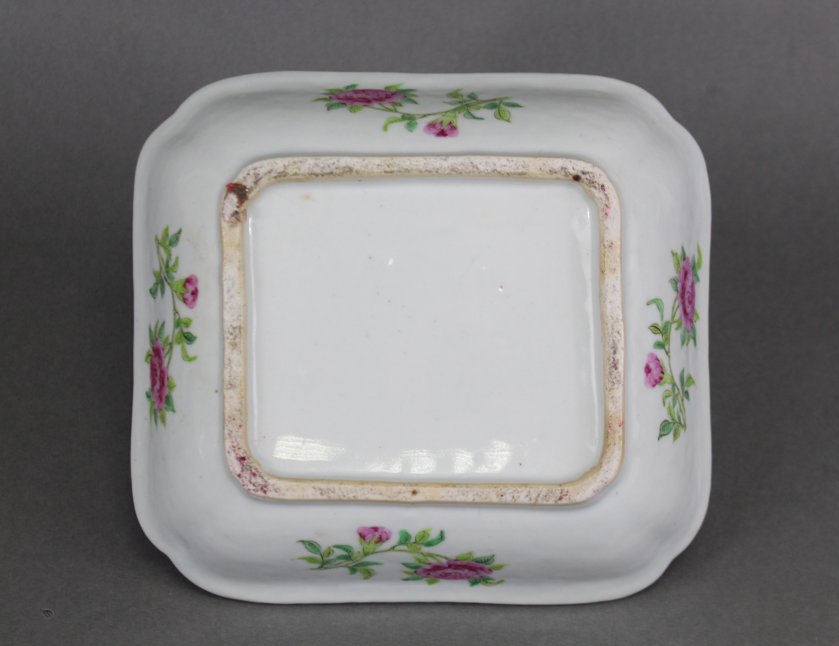 A 19th century Cantonese porcelain square dish decorated in famille rose enamels with a bouquet of - Image 2 of 3