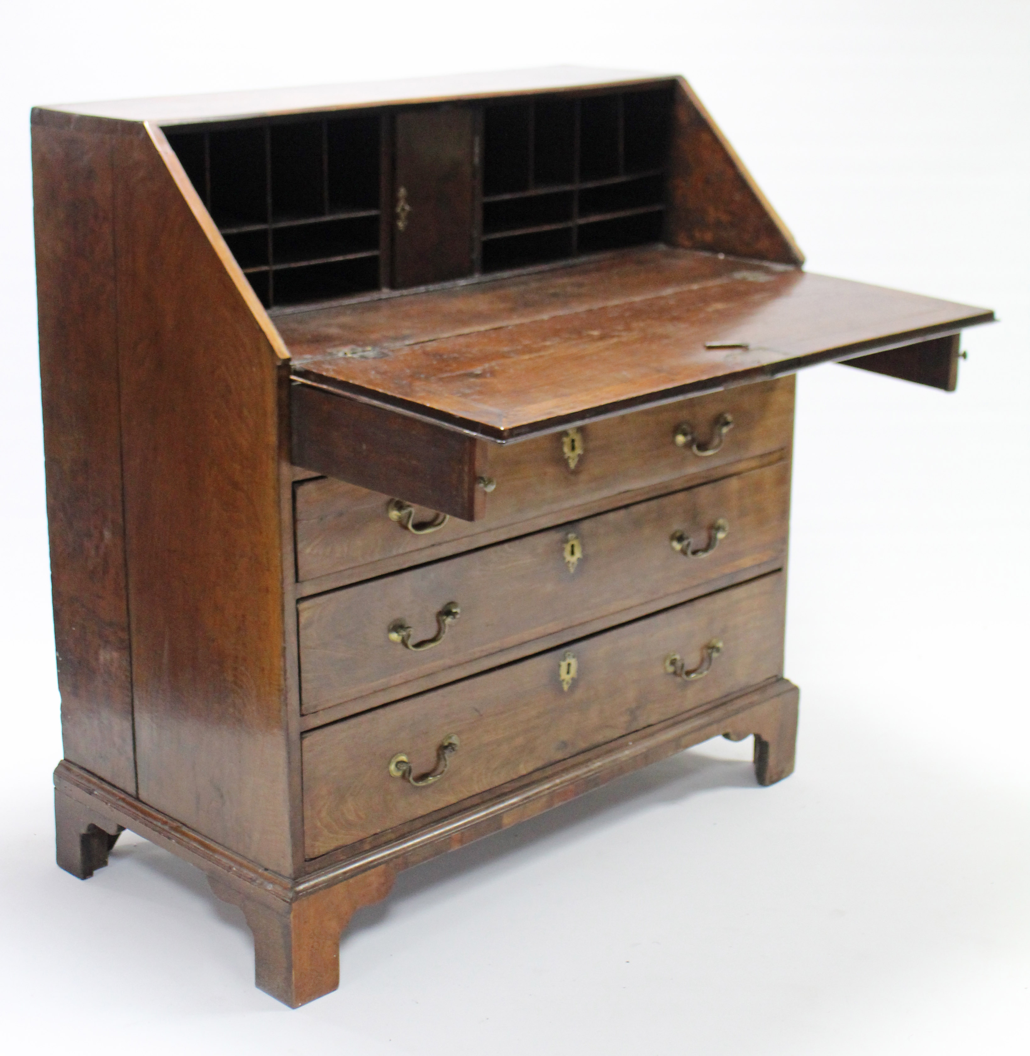 An 18th century mahogany, elm & burr-elm bureau with a fitted interior enclosed by fall-front - Image 2 of 3