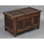 An 18th century oak & pine coffer of small proportions with triple-panel front, fitted till