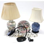 Two oriental-style table lamps with shades; together with a similar dish; a modern anglepoise desk