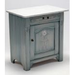 A 1920’s Swedish birch & maple bedside cabinet, fitted later marble top above a frieze drawer with