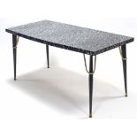 A rectangular extending kitchen table with black marble effect Formica top, pull-out action & a