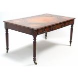 A REGENCY-STYLE MAHOGANY PARTNER’S WRITING TABLE inset gilt-tooled brown leather cloth to the