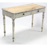 A Victorian white painted pine side table fitted two frieze drawers & on turned tapered legs, 43”