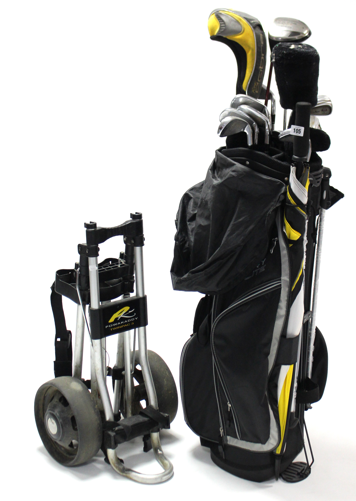 A matched set of fourteen golf clubs with golf club bag & trolley.