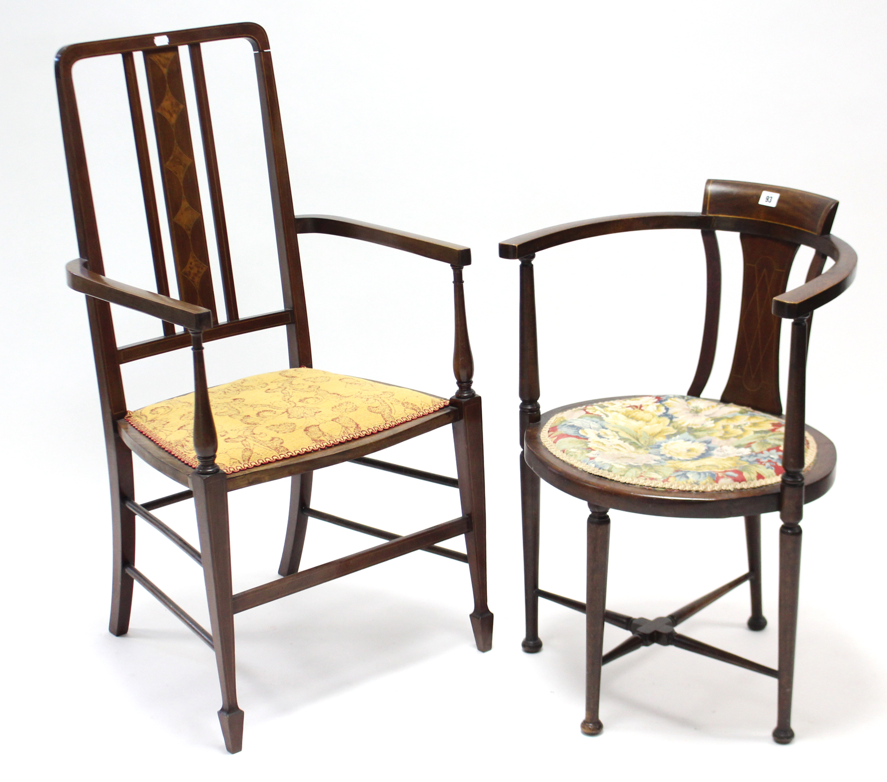 An Edwardian inlaid-mahogany tub-shaped chair with padded oval seat, & on round tapered legs with - Image 2 of 2