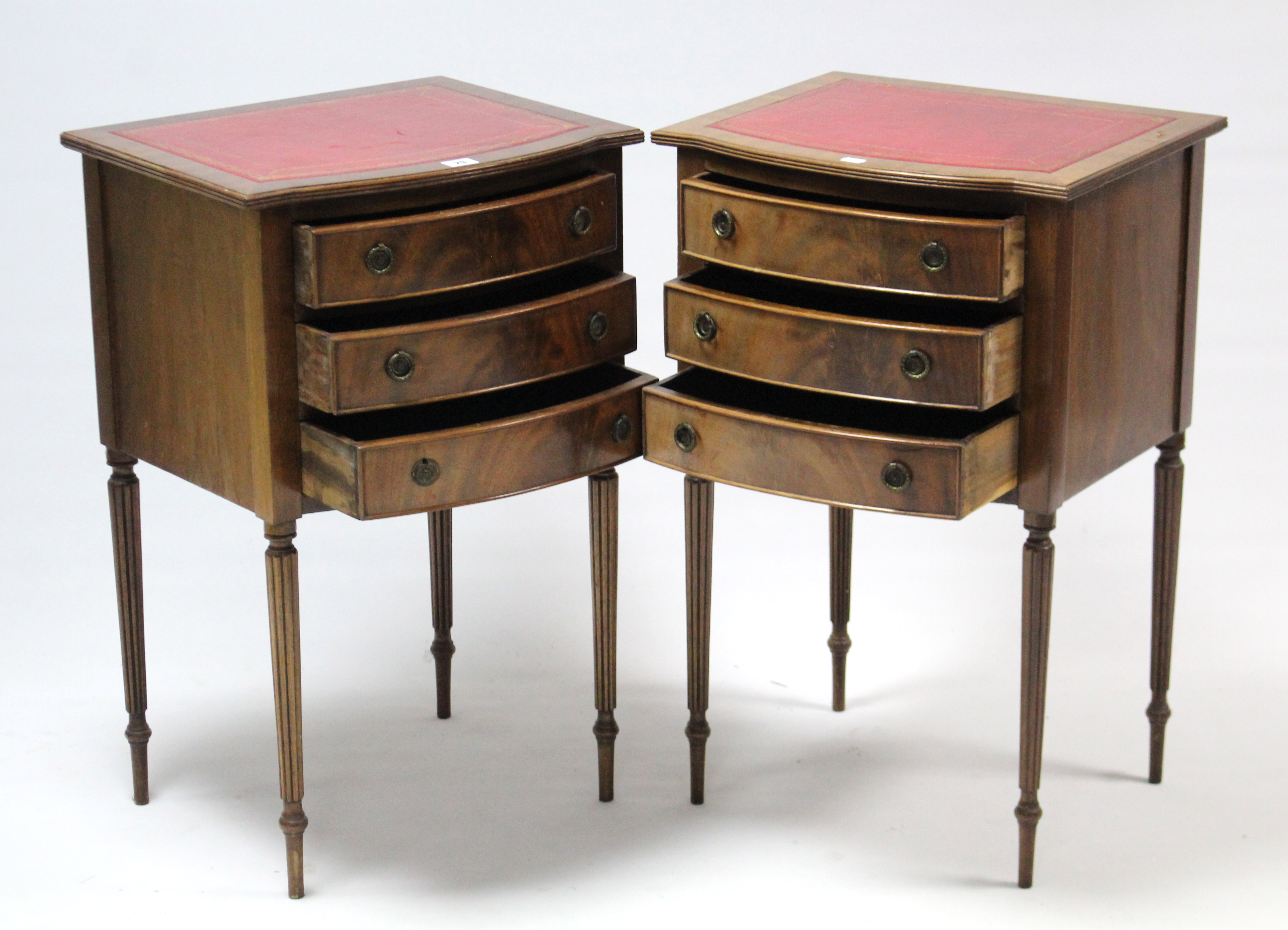 A pair of mahogany bow-front bedside chests each inset gilt-tooled crimson leather, fitted three - Image 2 of 2