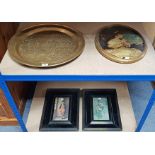 A brass embossed circular tray, 17¾” diam.; together with three coloured prints; a pair of