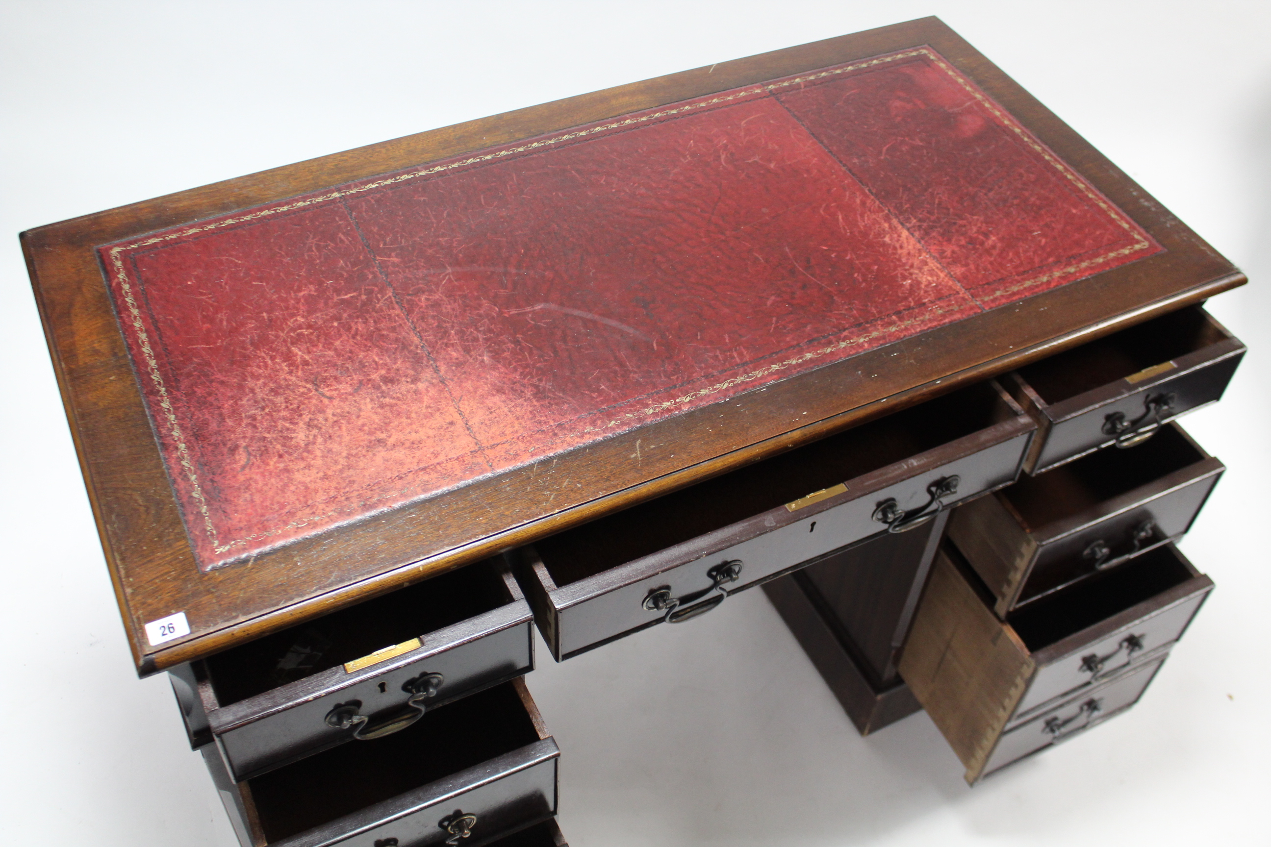 A reproduction mahogany pedestal desk-inset gilt tooled crimson leather cloth, fitted with an - Image 3 of 3