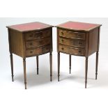 A pair of mahogany bow-front bedside chests each inset gilt-tooled crimson leather, fitted three