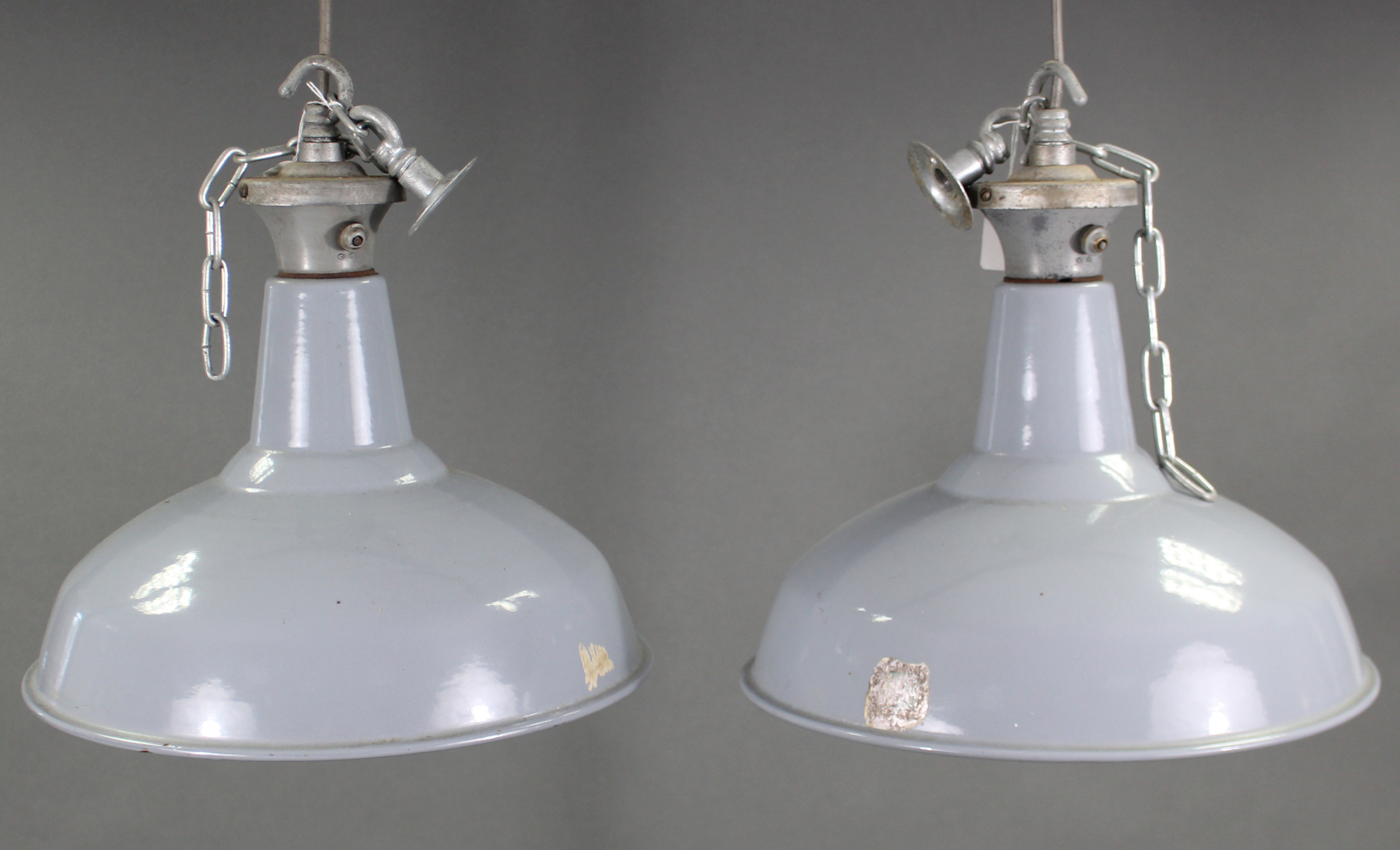 A pair of mid-20th century Benjamin industrial pendant ceiling lights with blue/grey enamel - Image 2 of 7