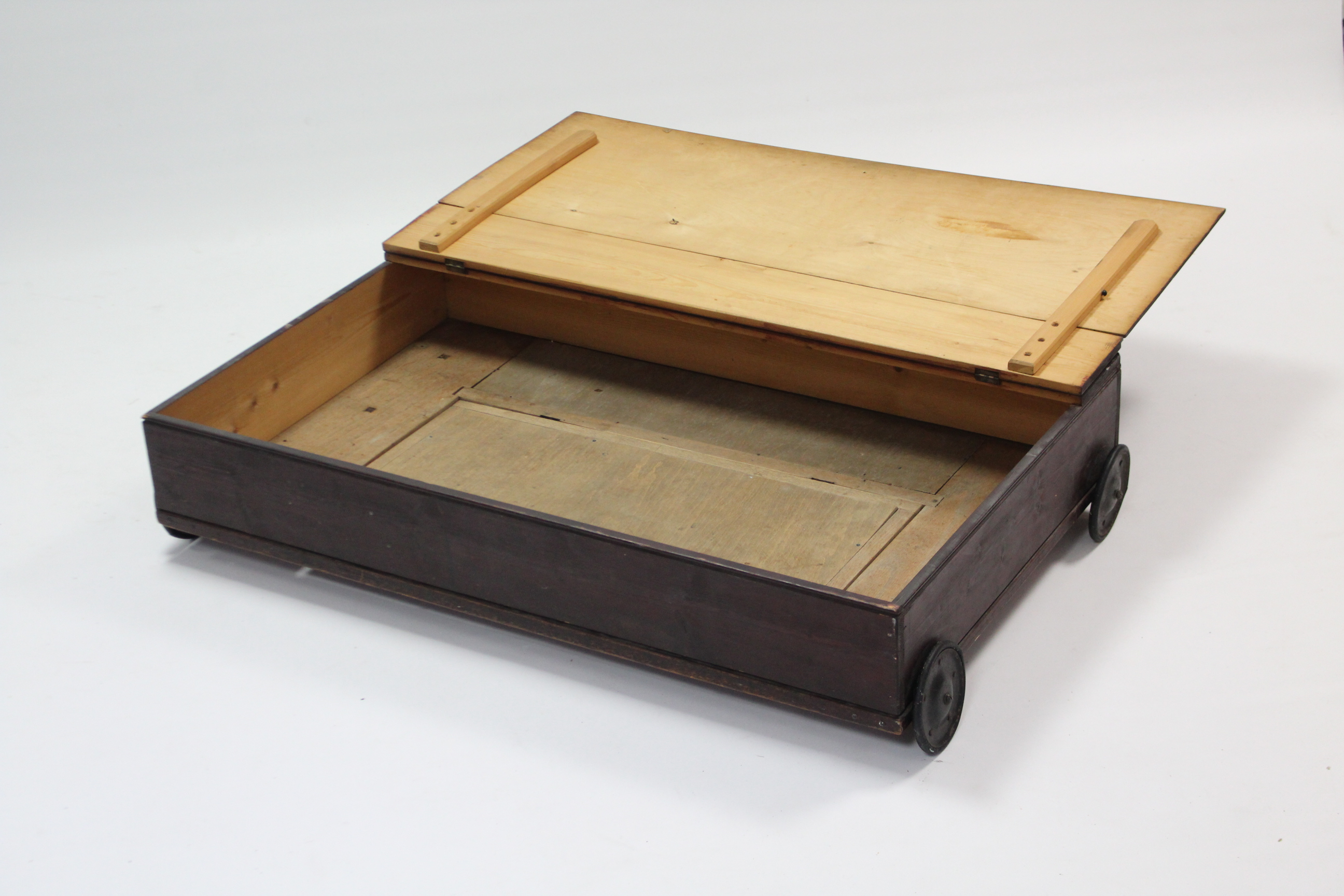 A pine under bed storage box with hinged lift-lid; & on 5” diam. wheels, 41¾” wide. - Image 2 of 2